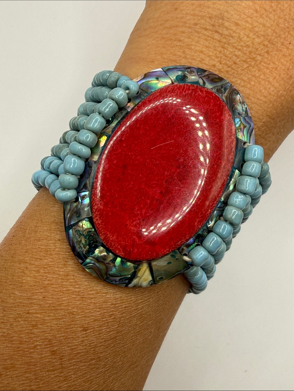 Vintage Southwestern Turquoise Blue Red Abalone Seed Beaded Large Cuff Bracelet